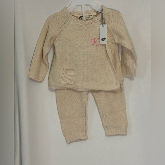 NWT Monica + Andy 100% Organic Cotton Beige Baby Knit Set w/ Pink K Initial 3-6m - Picture 5 of 6